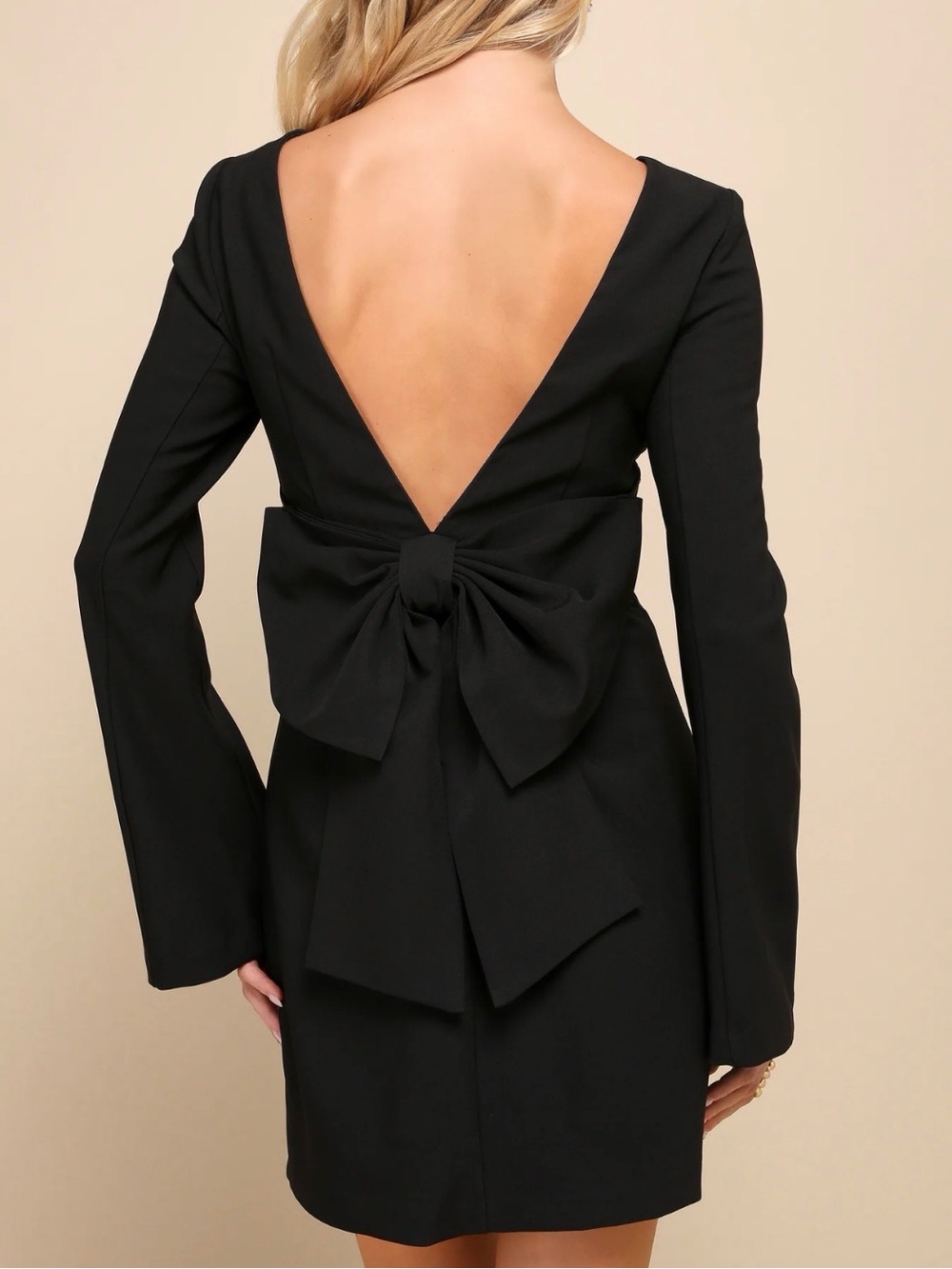 Lulu's Black Long Sleeve V-Back Mini Dress with Statement Bow